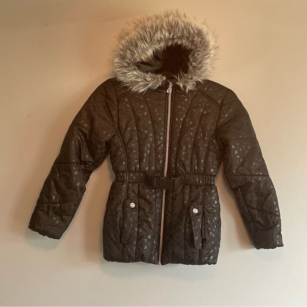 R 1881 S. rothschild Black Puffer jacket fur hood hearts girls size 10/12 coat